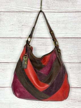 Fossil Patchwork Leather Hobo Bag Multicolor Brown Red Boho Key Charm Vintage